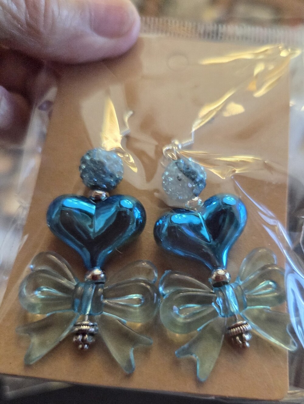 Blue Heart & Bow Dangle Earrings